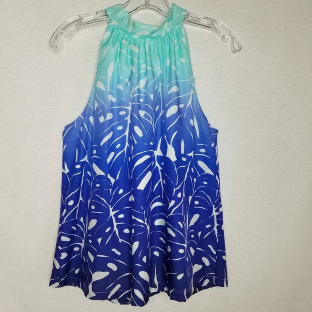 Vineyard Vines Blue and White Leaf Print Tank Top